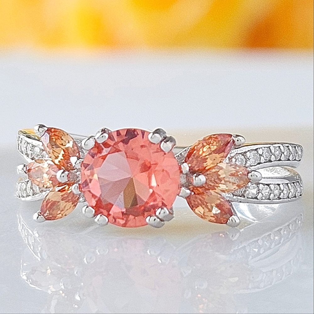 Coral Pink & Peach Gemstone Flower Ring, 925 Sterling Silver Charmed Aroma 2019